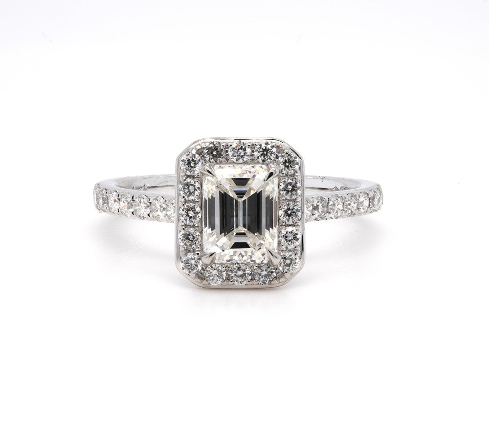1.23ct emerald cut diamond engagement ring, platinum, F colour, SI1 clarity, GIA certified