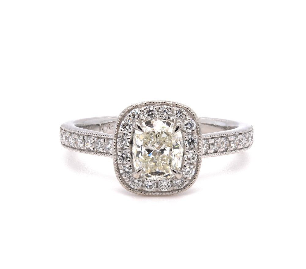 0.99ct natural diamond engagement ring, cushion cut, I colour, VS1 clarity, GIA certified. Platinum