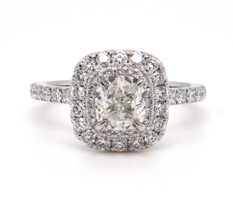 SOLD - 1.64ct natural diamond engagement ring, cushion cut, D colour, SI1 clarity, GIA certified. Platinum