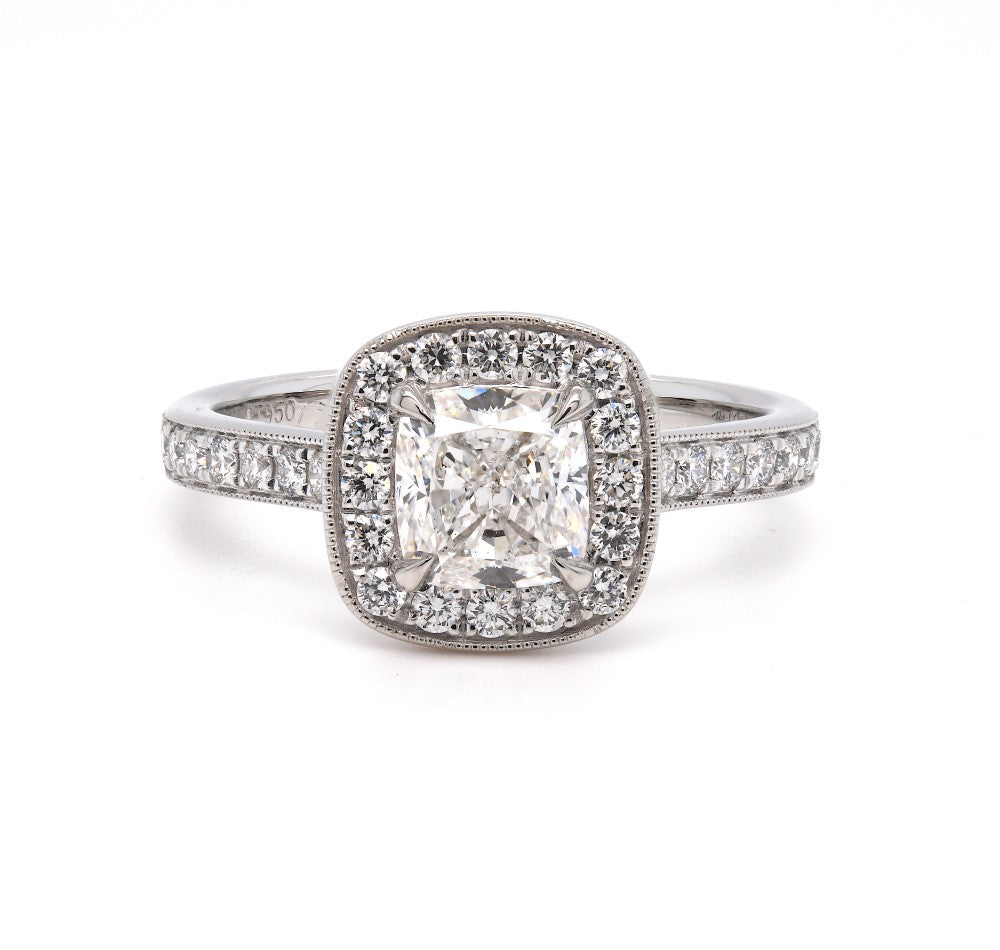 1.39ct natural diamond engagement ring, cushion cut, G colour, VS2 clarity, GIA certified. Platinum
