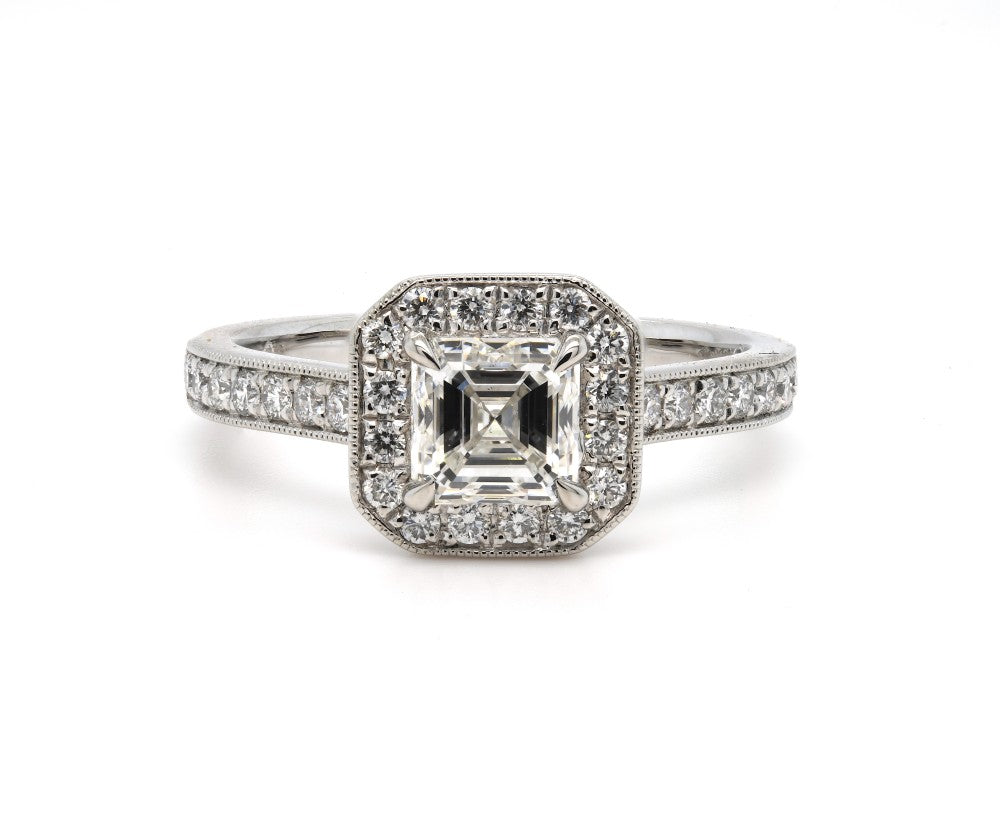 1.31ct asscher cut diamond engagement ring set in a platinum halo, D, VS1, GIA certified