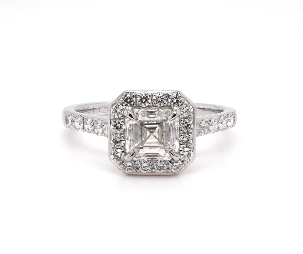 1.40ct natural diamond engagement ring, asscher cut, F colour, SI2 clarity, GIA certified. Platinum
