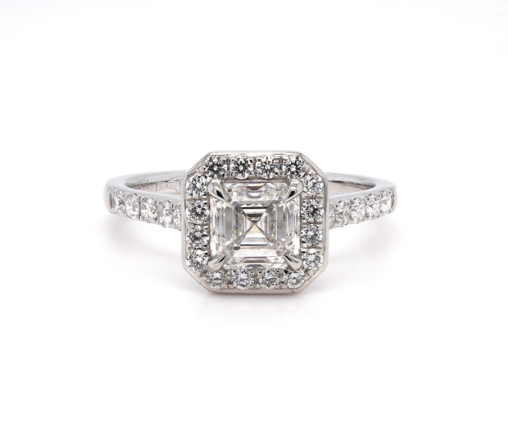 1.40ct asscher cut diamond engagement ring set in a platinum halo, F, SI2, GIA certified