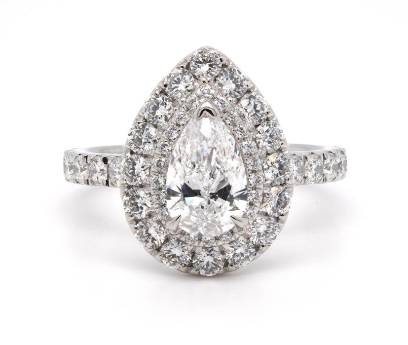 SOLD - 1.69ct natural diamond engagement ring, pear cut, D colour, SI2 clarity, GIA certified. Platinum