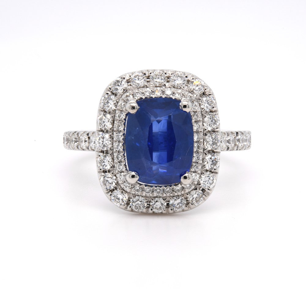 2.72ct sapphire & diamond ring set in a platinum double halo