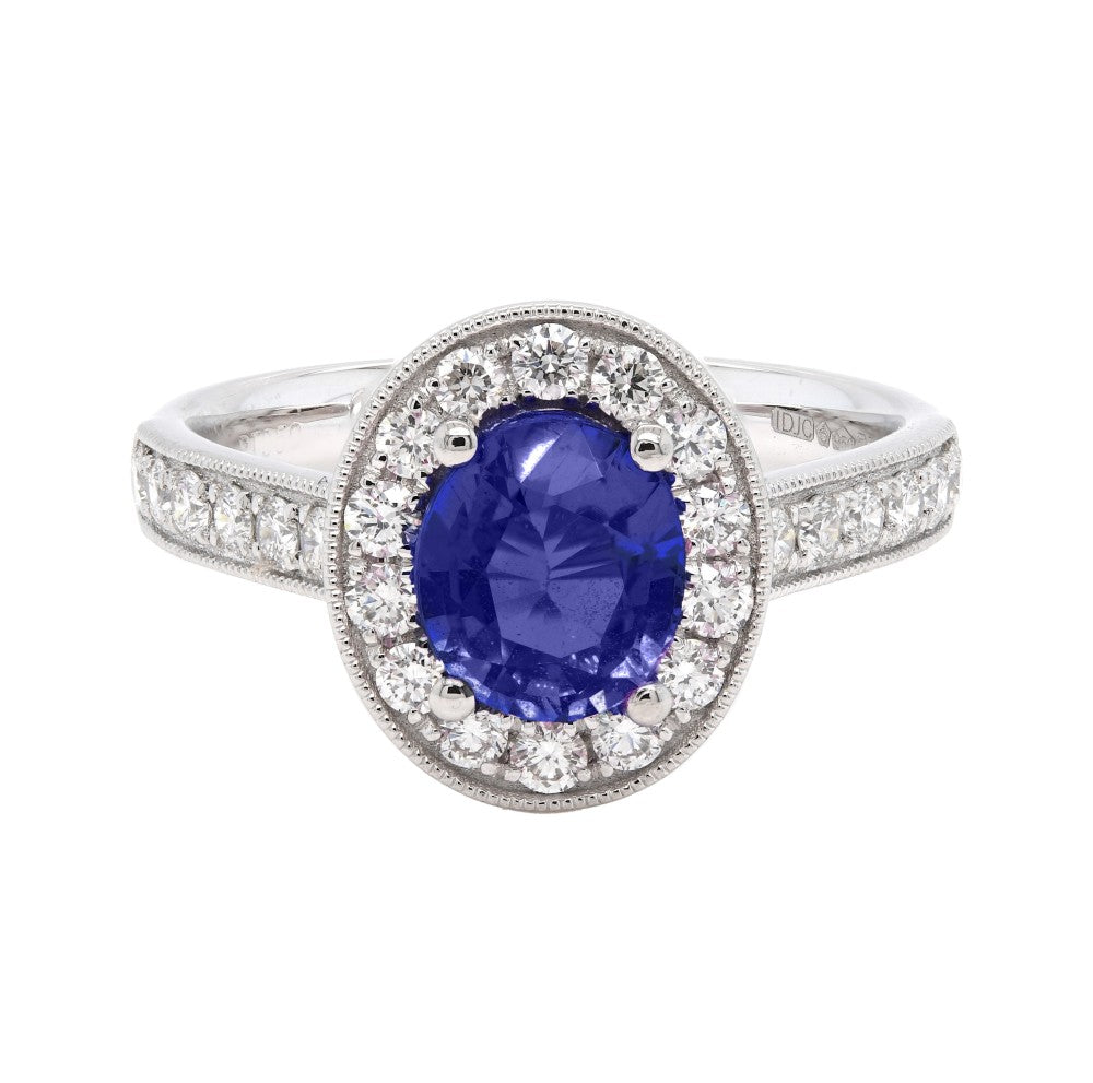 1.73ct Ceylon sapphire & diamond engagement ring set in a platinum halo