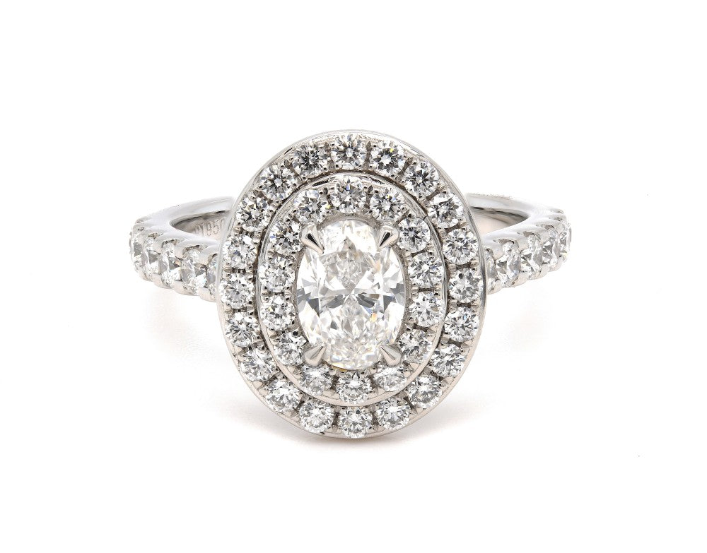 1.37ct natural diamond engagement ring, oval cut, E colour, SI1 clarity, GIA certified. Platinum