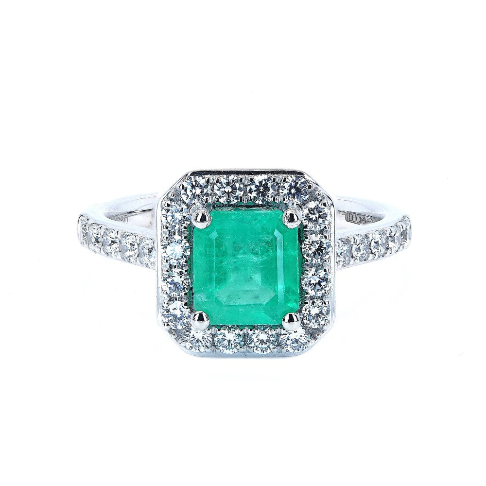 1.44ct emerald & diamond ring set in a platinum halo