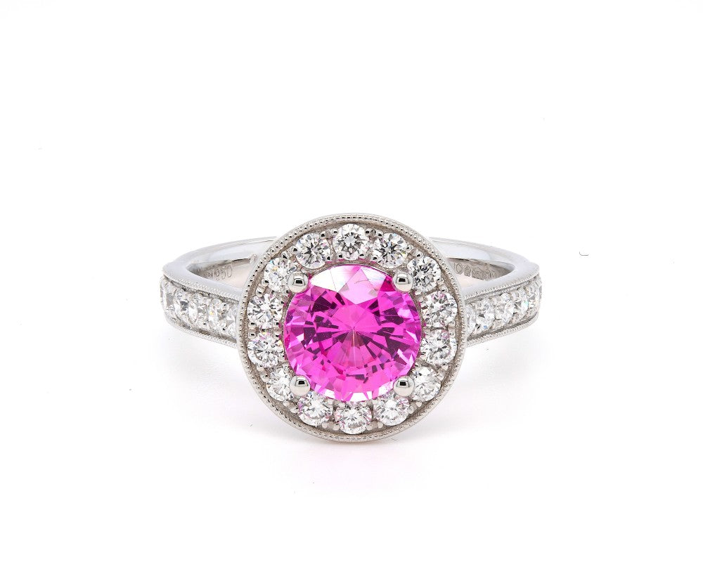 1.96ct pink sapphire & diamond ring set in a platinum halo