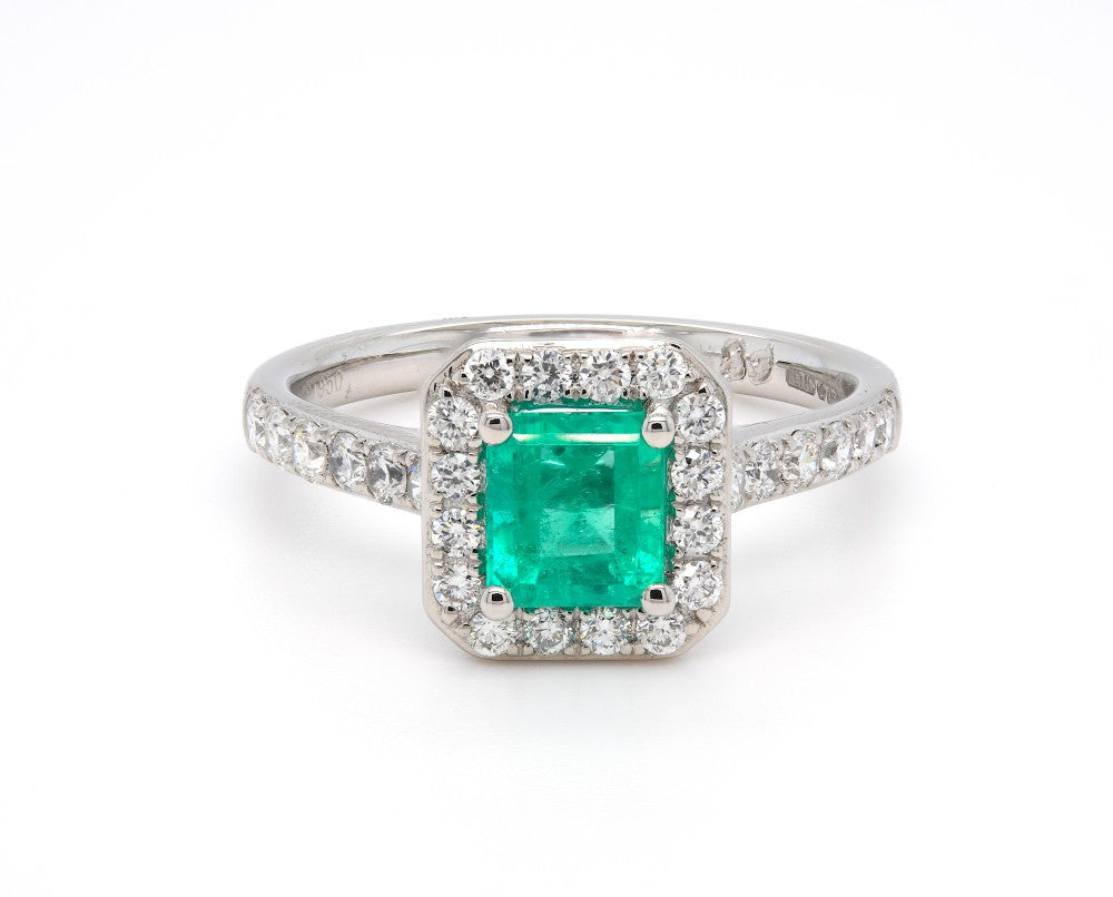 1.10ct emerald & diamond ring set in a platinum halo