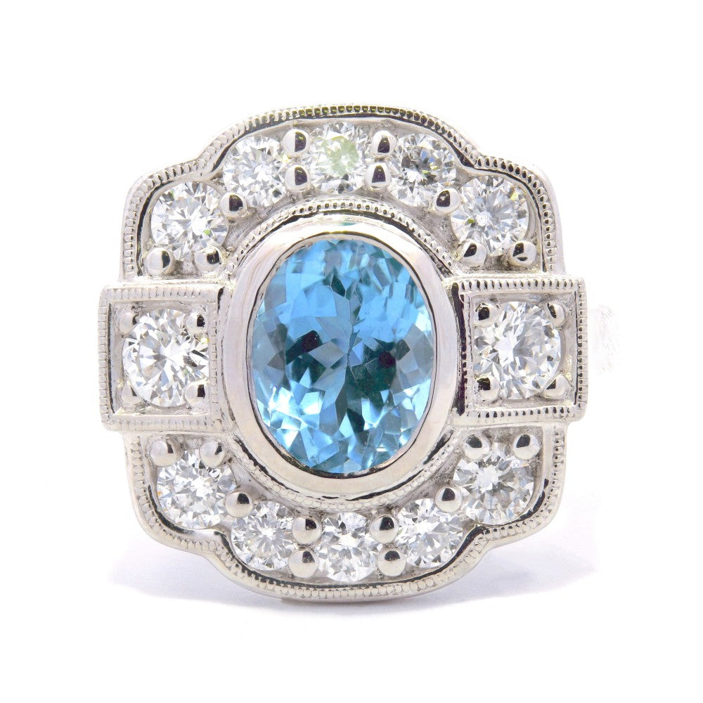 2.04ct aquamarine & diamond art deco style ring set in a platinum halo