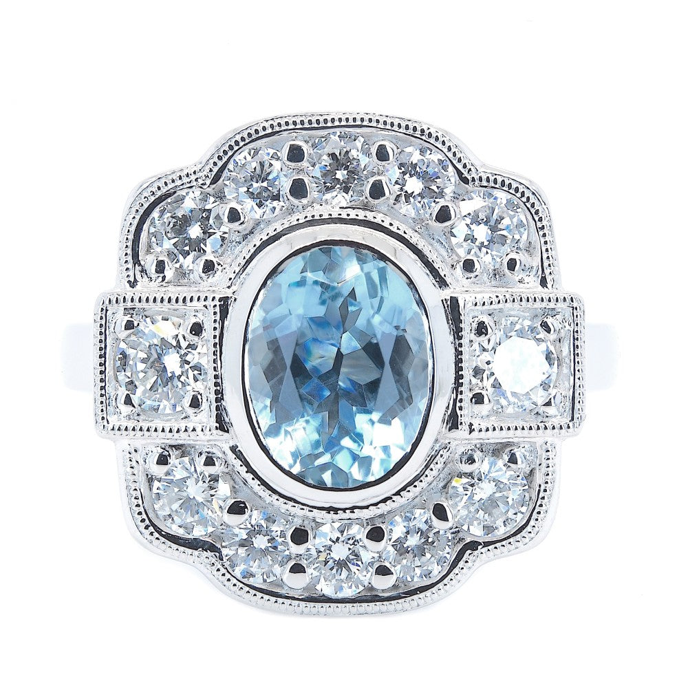 1.95ct aquamarine & diamond art deco style ring set in a platinum halo