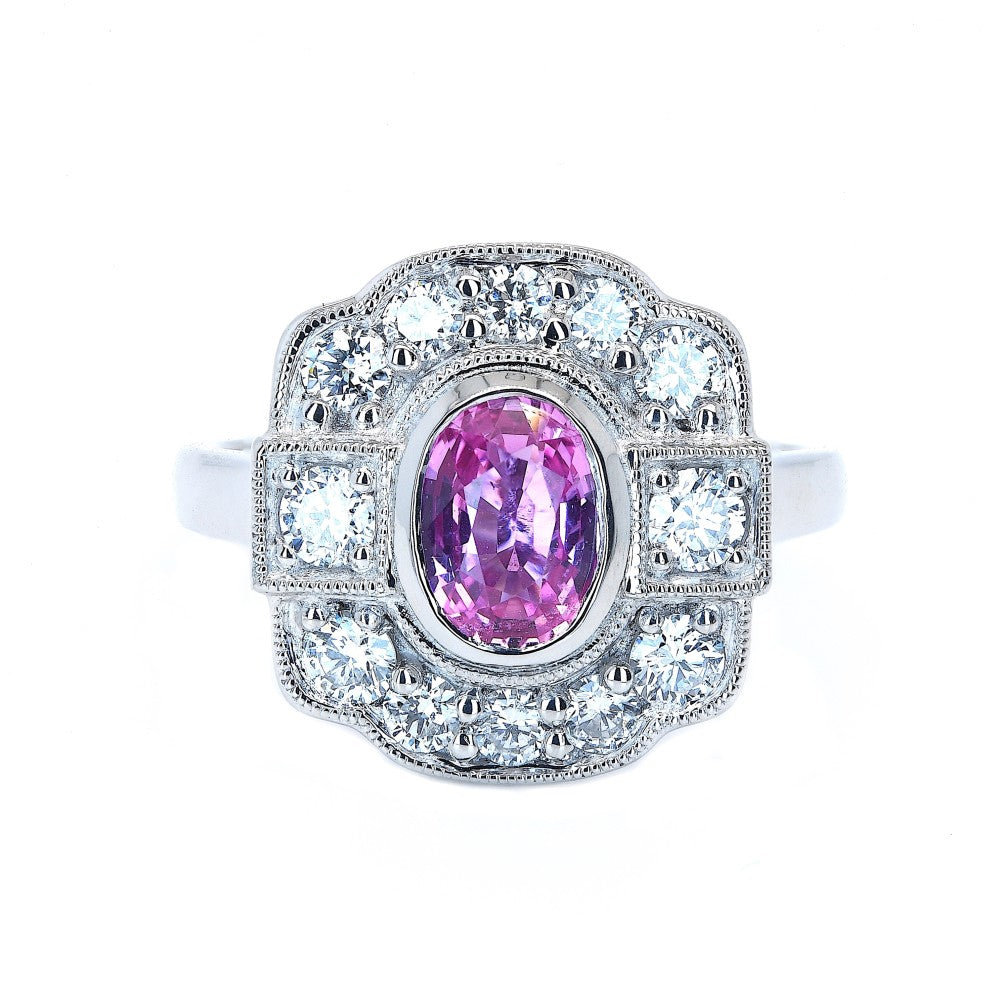 1.56ct pink sapphire & diamond ring set in a platinum art deco design
