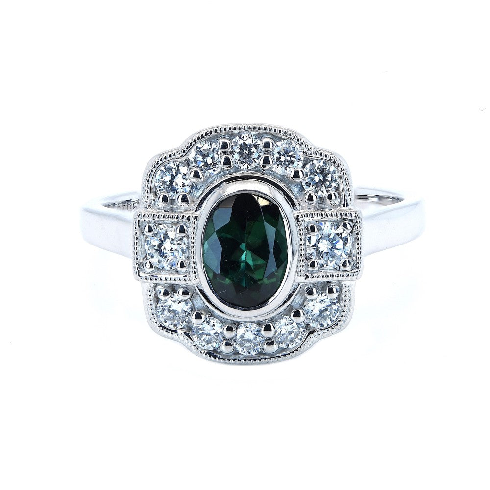 0.87ct green tourmaline & diamond art deco ring set in platinum