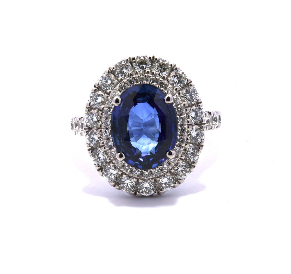 5.95ct Ceylon sapphire & diamond ring set in a platinum halo