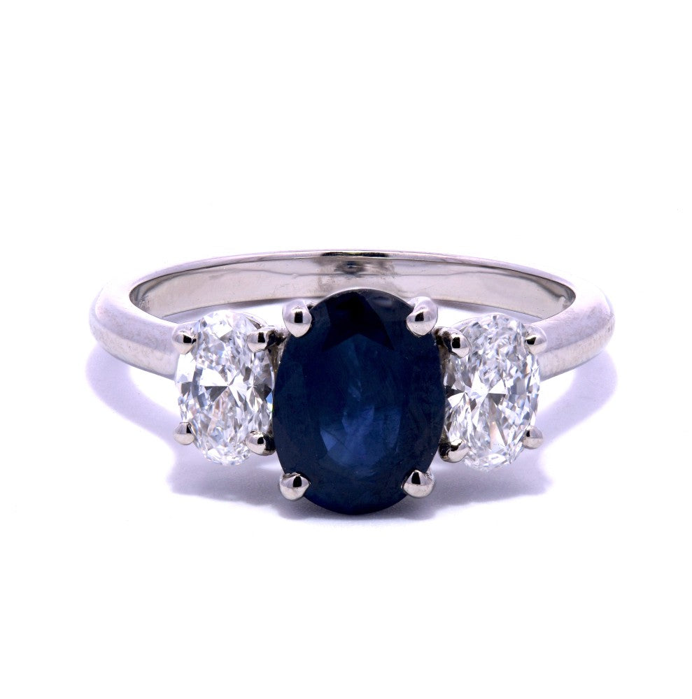 2.06ct Ceylon sapphire & diamond trilogy ring set in platinum