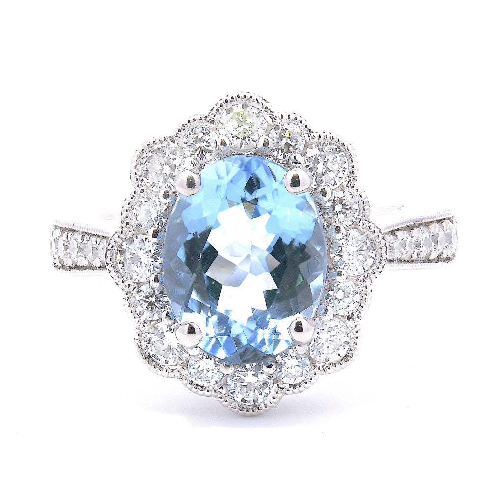 2.58ct aquamarine & diamond ring set in a platinum halo