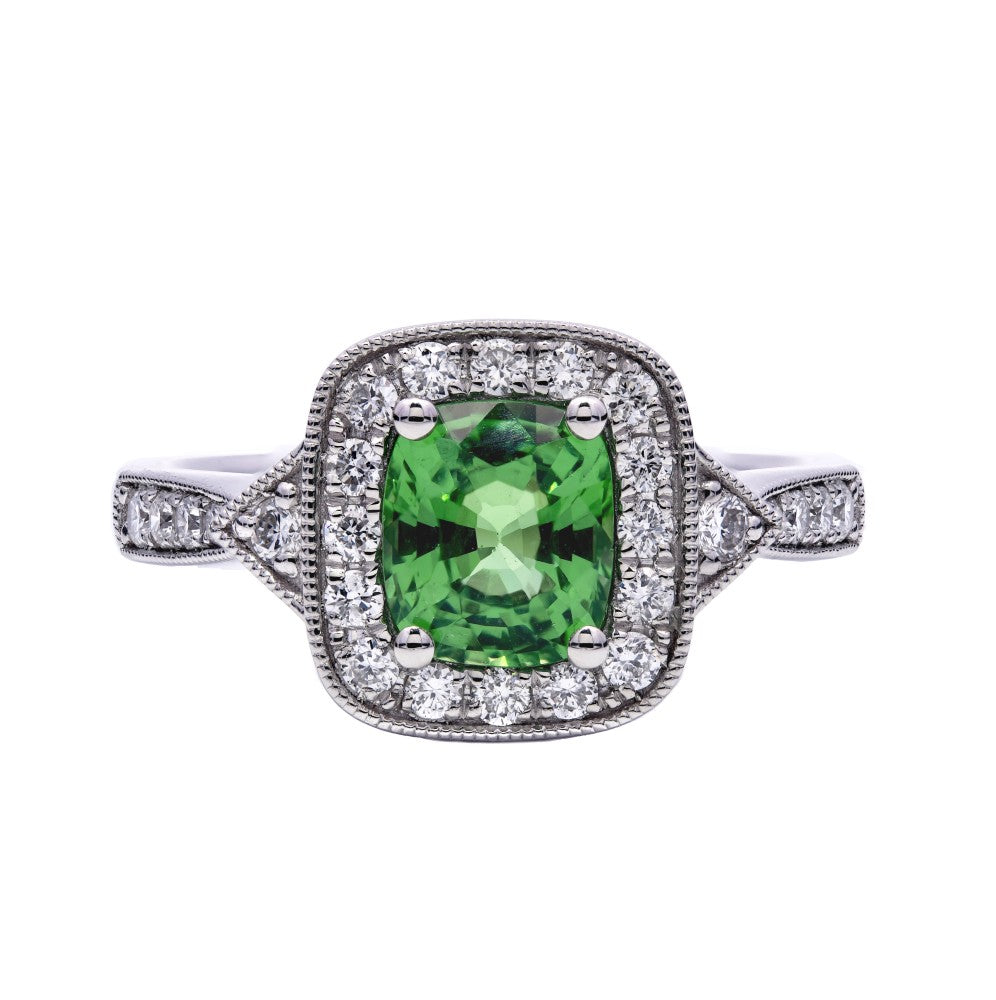 1.40ct cushion cut tsavorite & diamond engagement ring set in a platinum halo