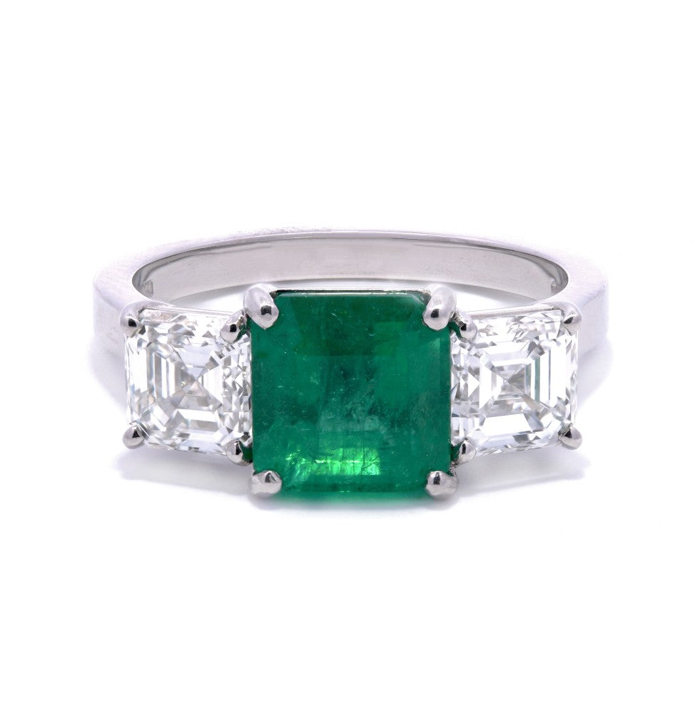 3.37ct emerald & diamond trilogy engagement ring set in platinum, GIA certified