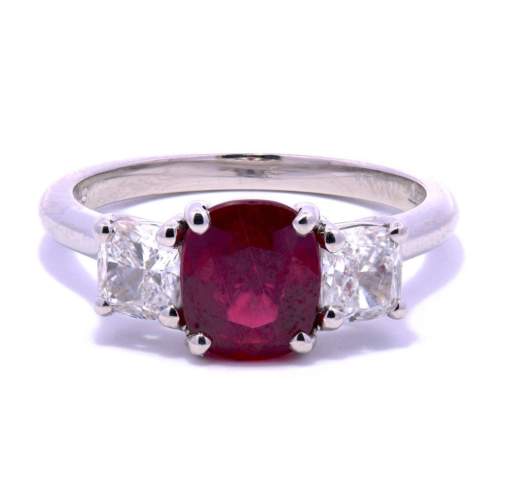 2.45ct ruby & diamond trilogy ring set in a platinum, G, SI1, GIA certified