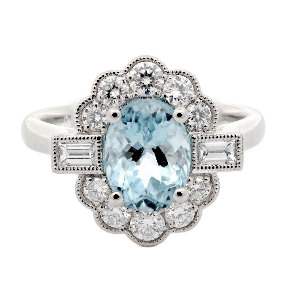 2.10ct aquamarine & diamond art deco ring set in platinum