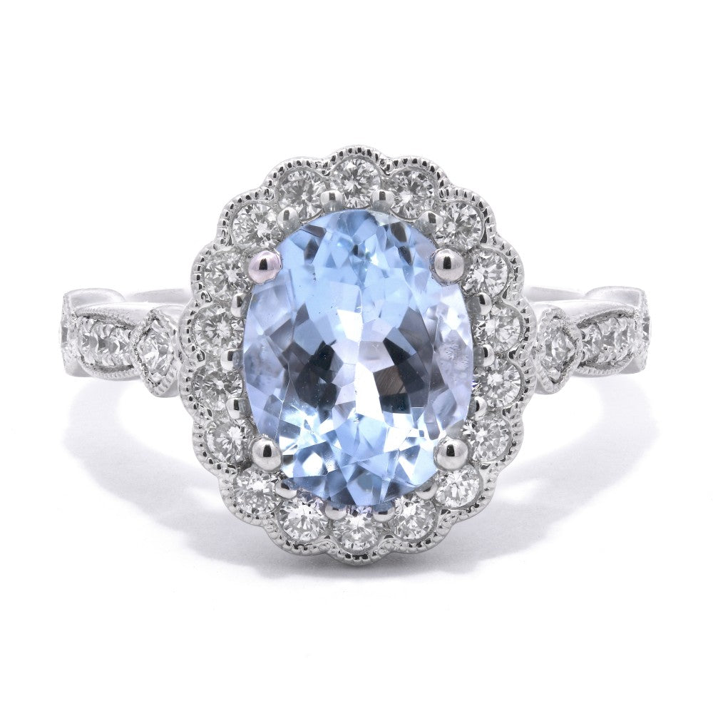 2.38ct aquamarine & diamond ring set in a platinum halo