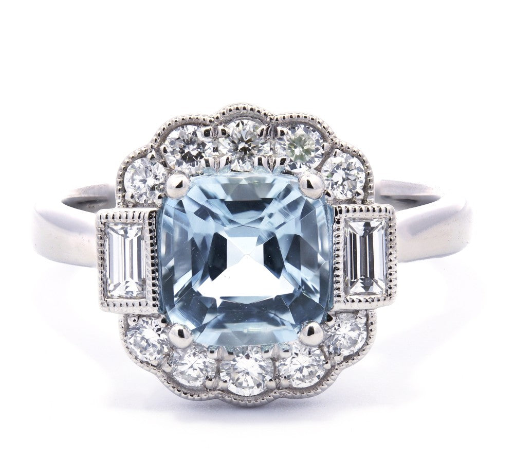 1.79ct cushion cut aquamarine & diamond engagement ring set in a platinum halo