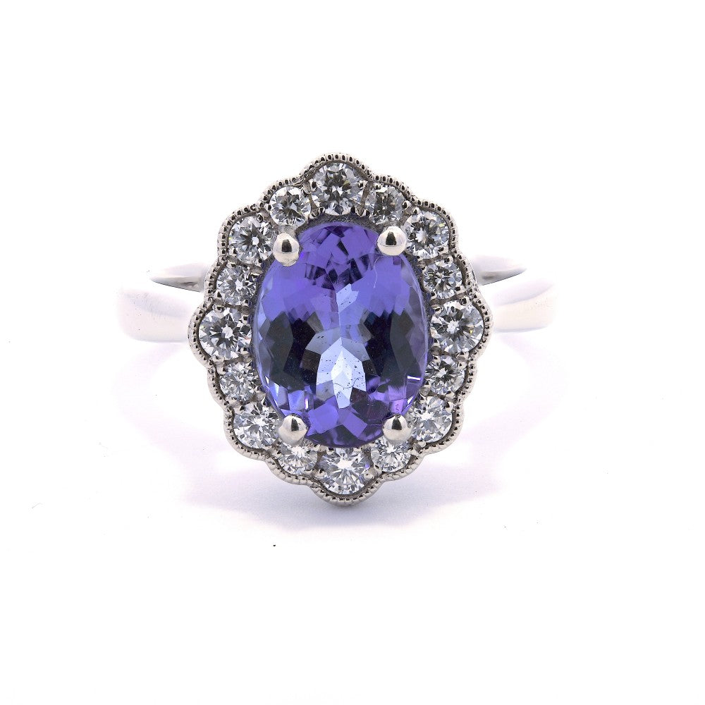 2.43ct tanzanite & diamond ring set in a platinum halo