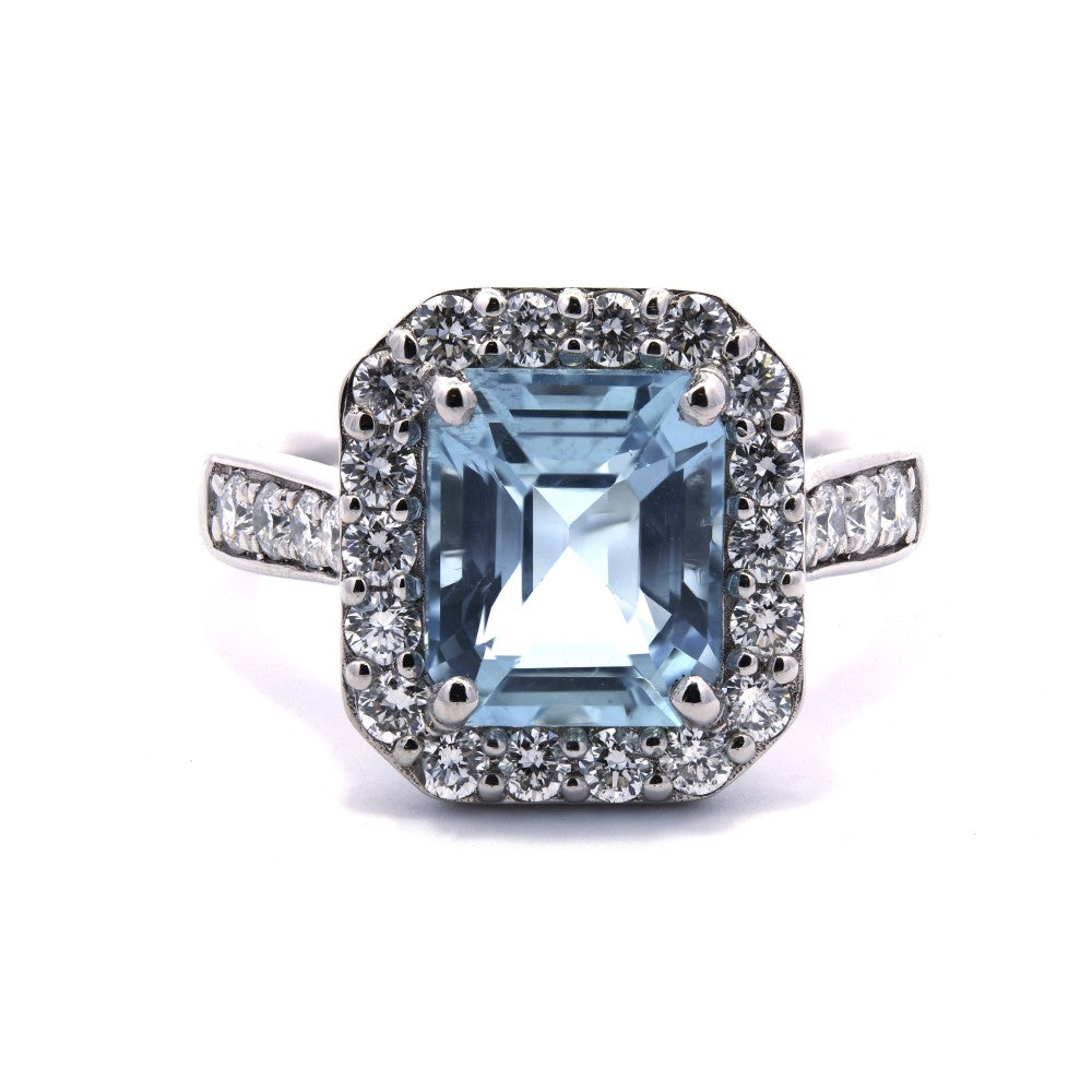 3.13ct aquamarine & diamond ring set in a platinum halo