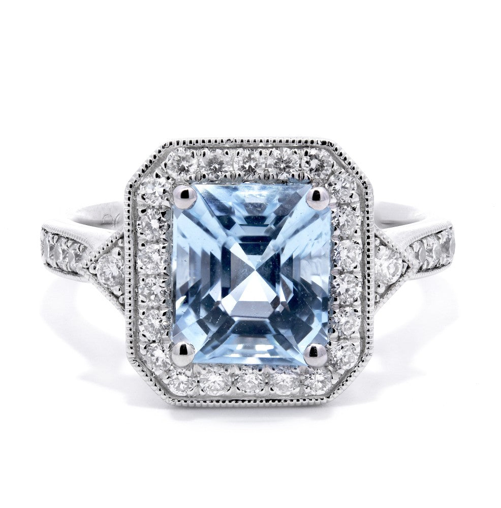 2.44ct aquamarine & diamond ring set in a platinum halo