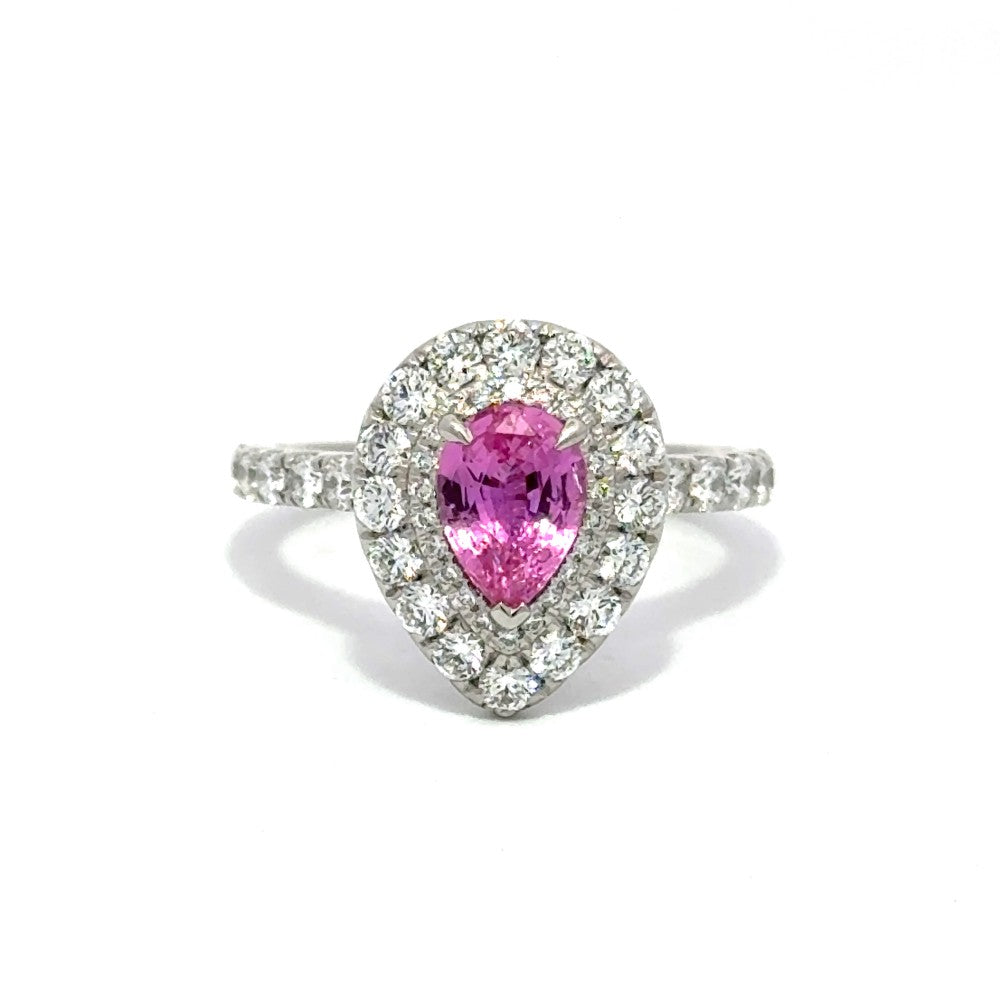 2.21ct pear cut pink sapphire & diamond engagement ring set in a platinum halo