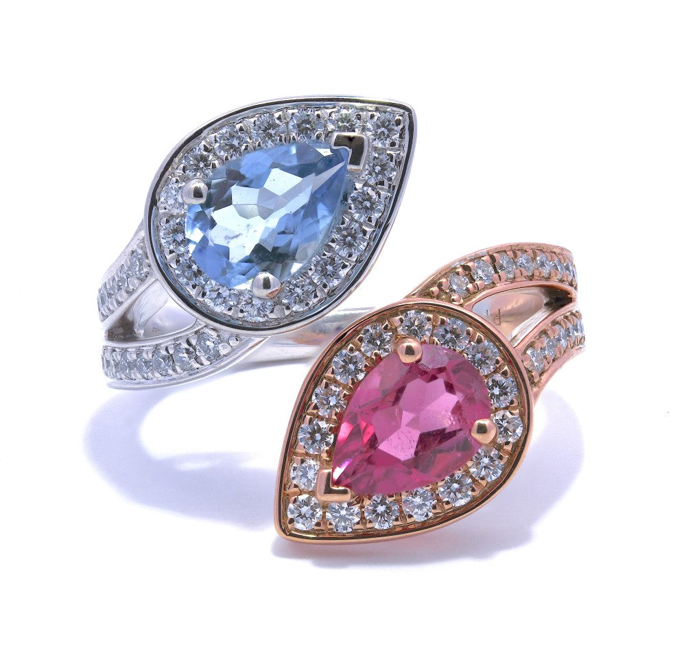 1.78ct aquamarine, pink sapphire & diamond cross over ring set in 18ct rose gold & platinum