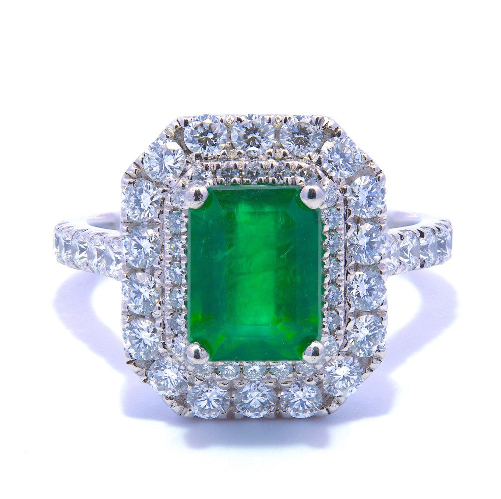 2.59ct emerald & diamond engagement ring set in a platinum double halo