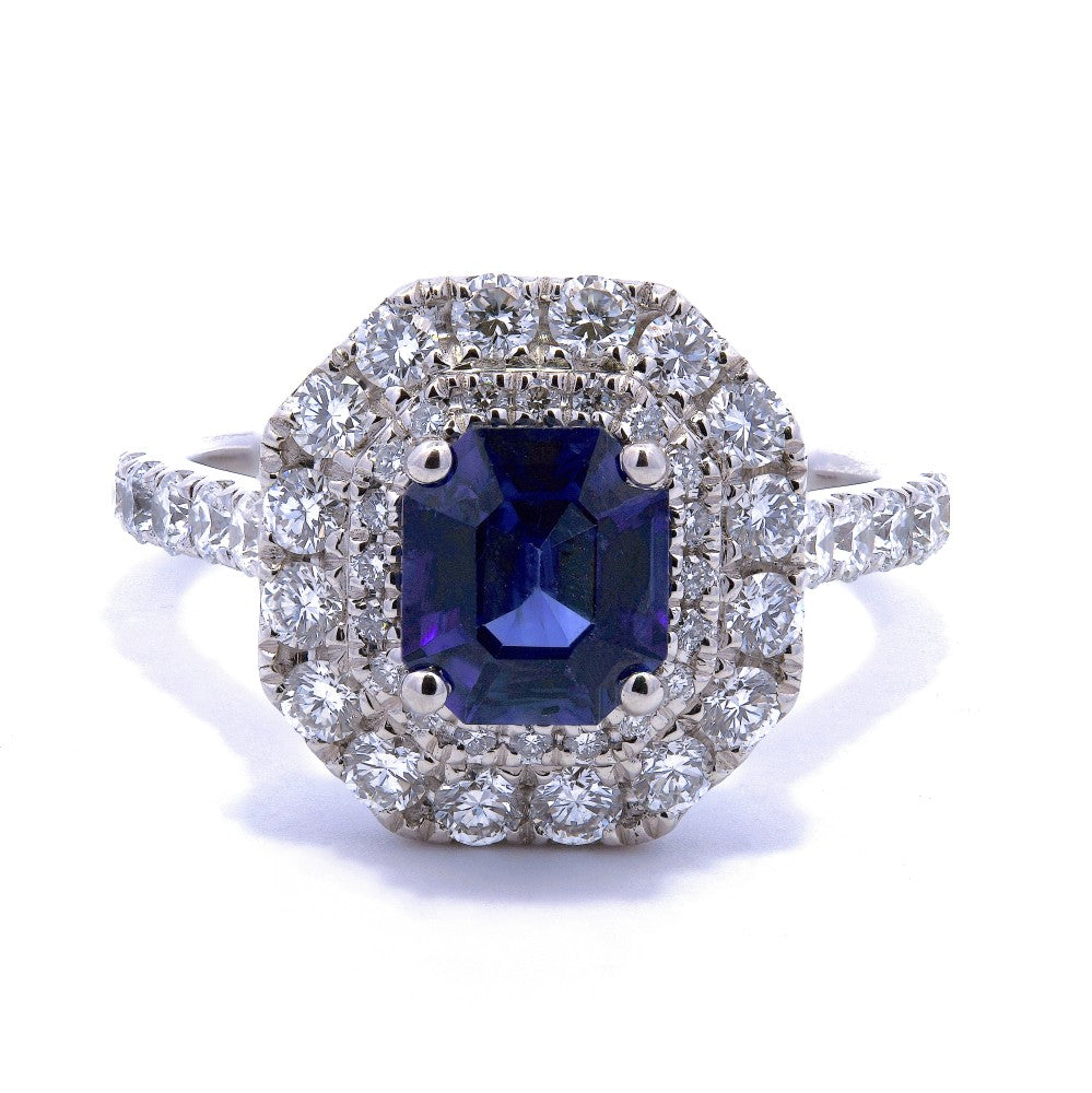 2.11ct sapphire & diamond ring set in a platinum double halo