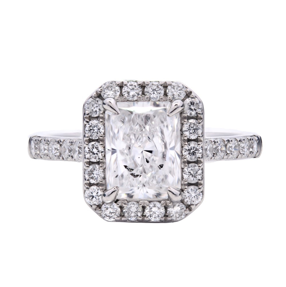 1.82ct radiant cut diamond engagement ring set in a platinum halo, E colour, SI2 clarity, GIA certified