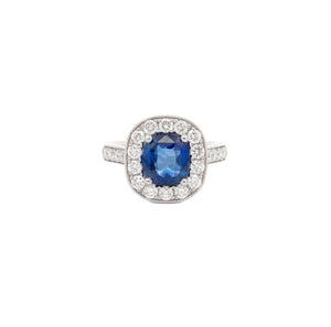 2.95ct sapphire & diamond ring set in a platinum halo