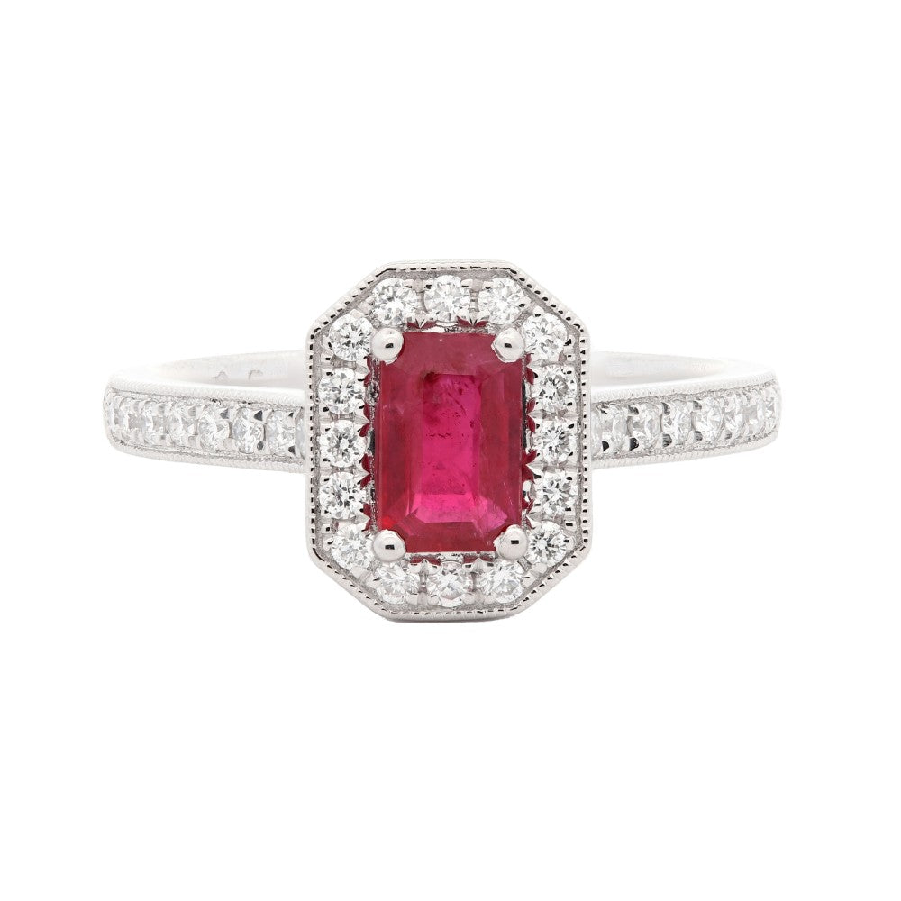 0.82ct ruby & diamond engagement ring set in a platinum halo