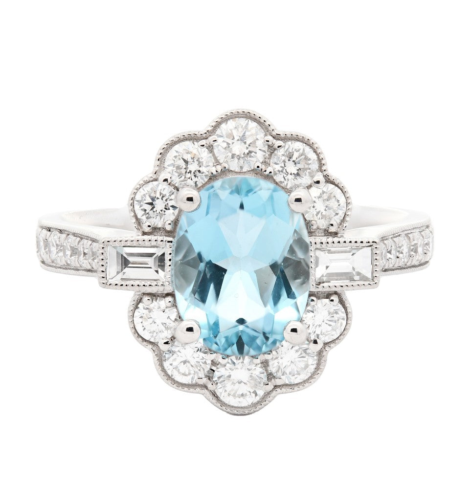 2.07ct aquamarine & diamond ring set in a platinum halo