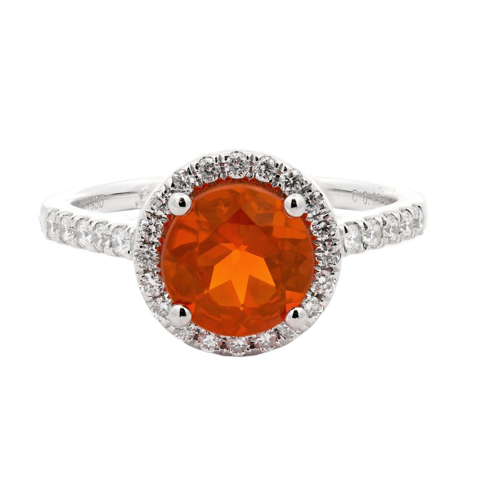 1.35ct fire opal & diamond ring set in a platinum halo