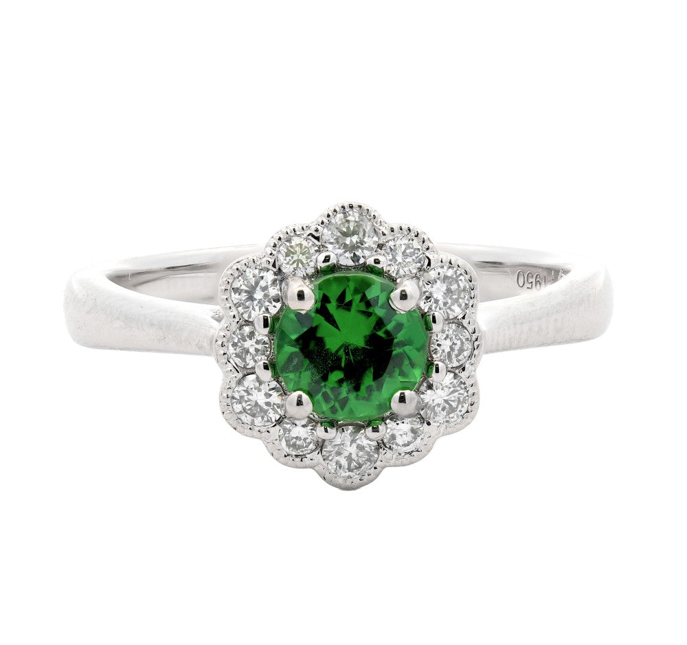 0.74ct round brilliant tsavorite & diamond engagement ring set in a platinum halo