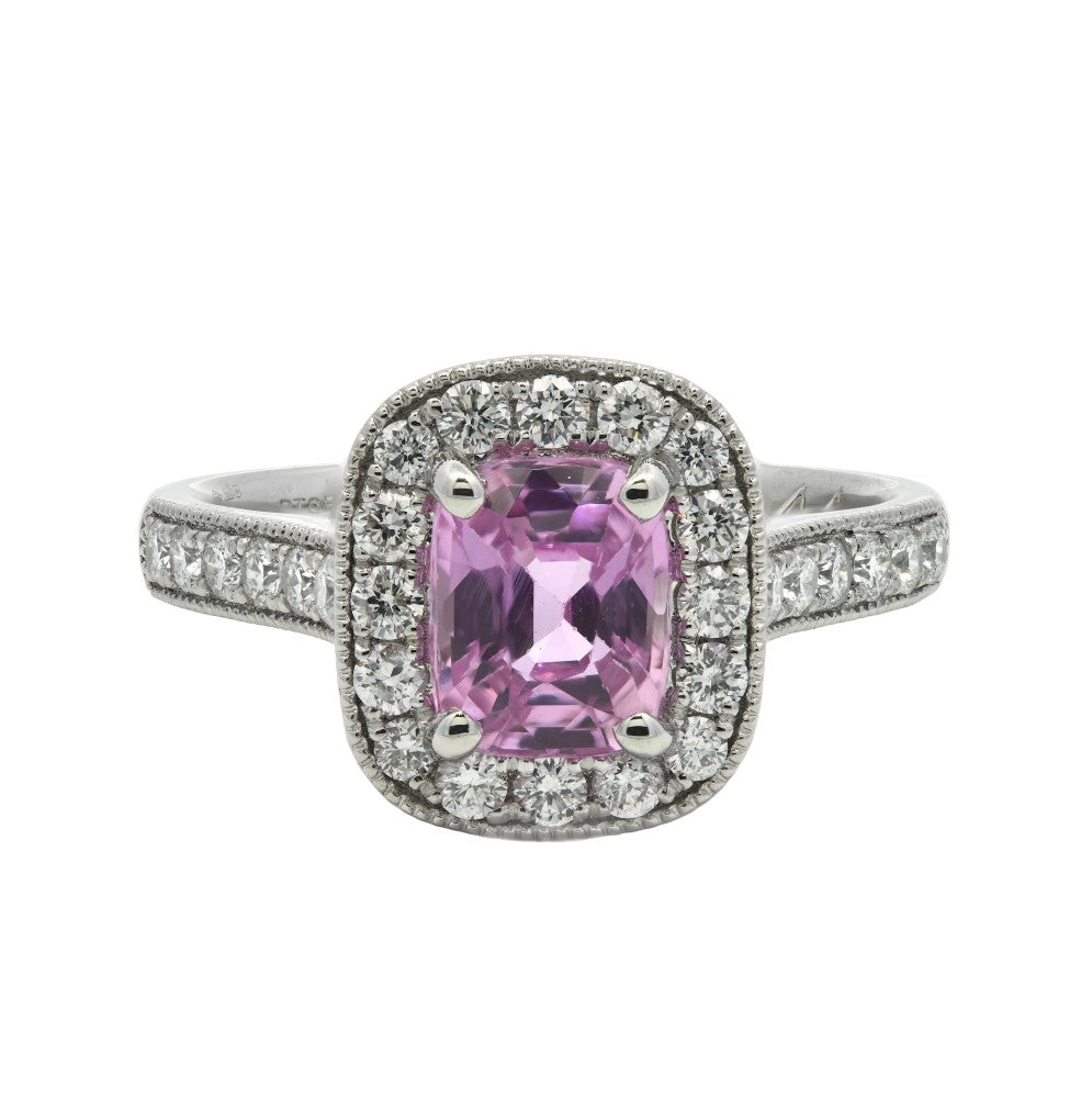 1.90ct pink sapphire & diamond ring set in a platinum halo