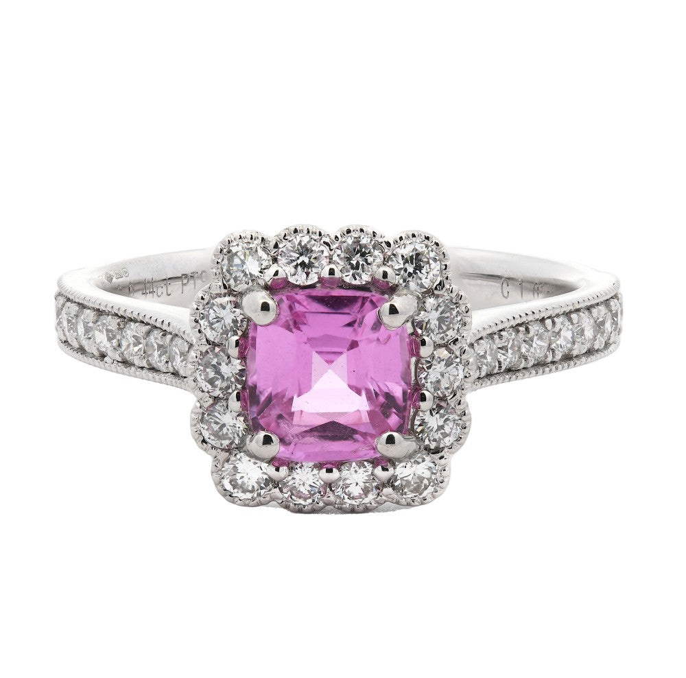 1.44ct pink sapphire & diamond ring set in a platinum halo