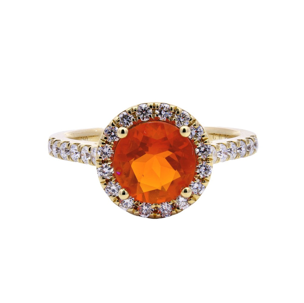 1.37ct fire opal & diamond ring set in an 18ct yellow gold halo