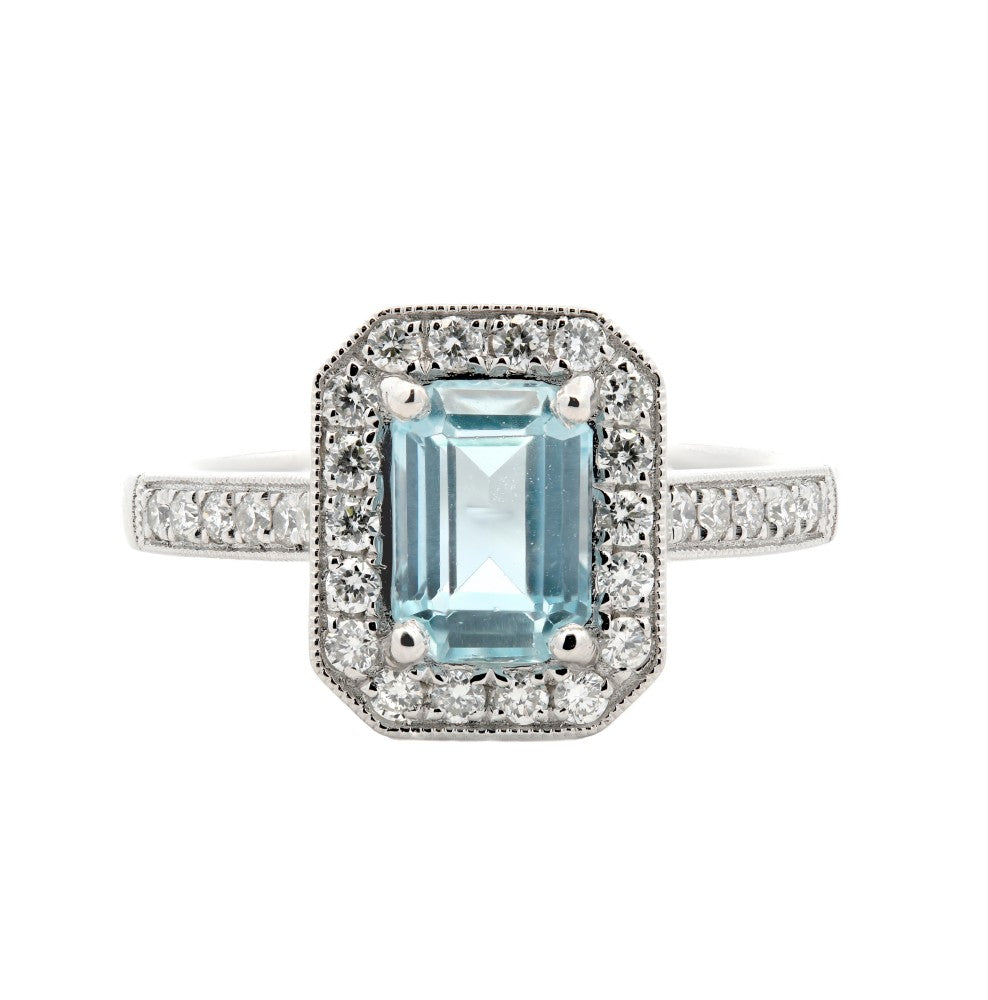 1.17ct aquamarine & diamond ring set in a platinum halo