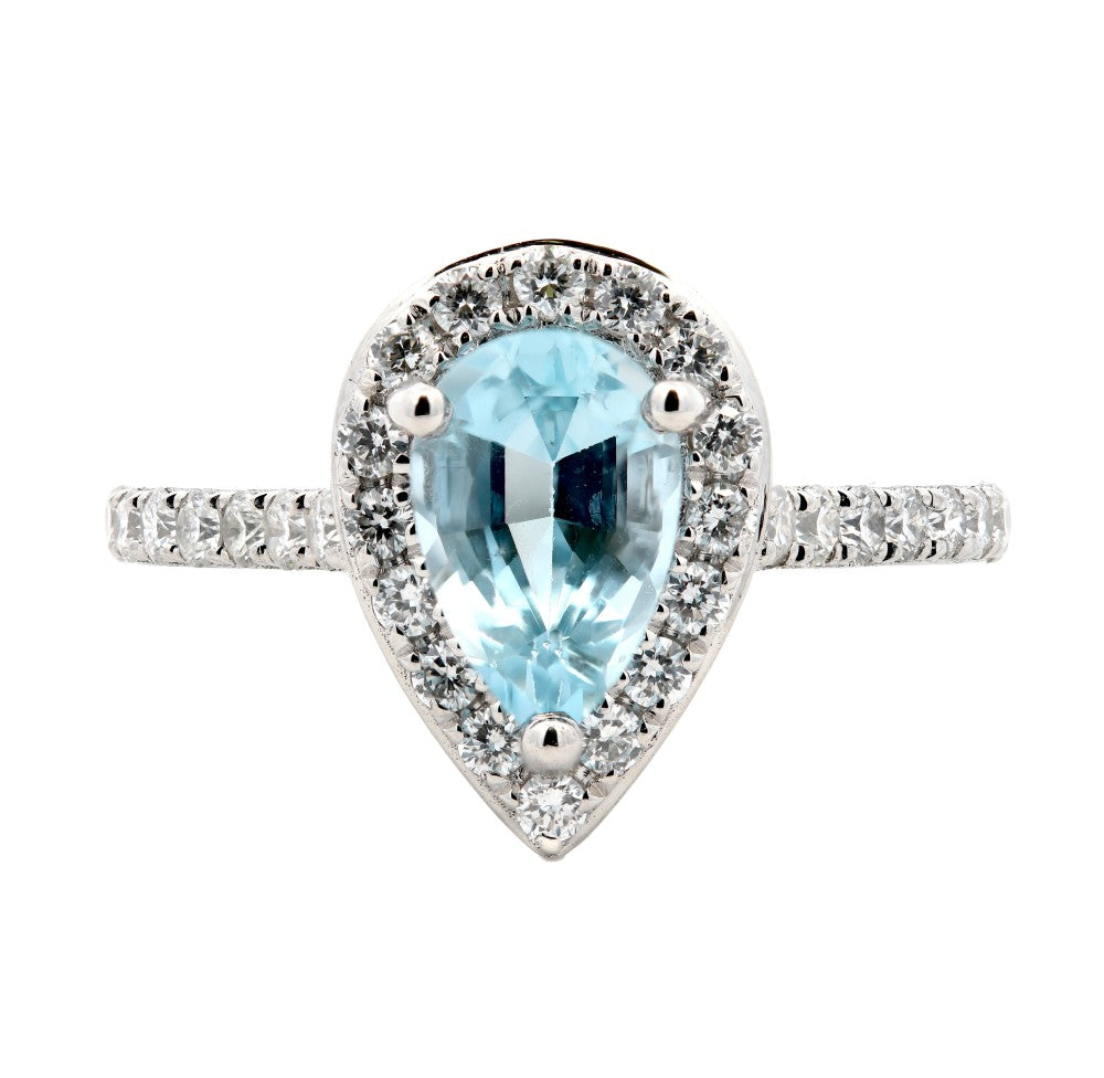 1.39ct pear cut aquamarine & diamond engagement ring set in a platinum halo