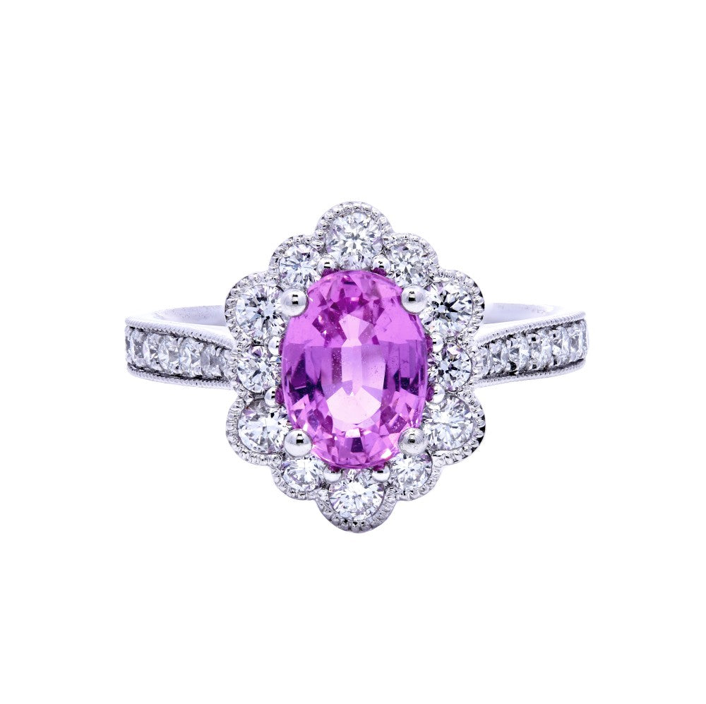 2.17ct pink sapphire & diamond engagement ring set in a platinum halo