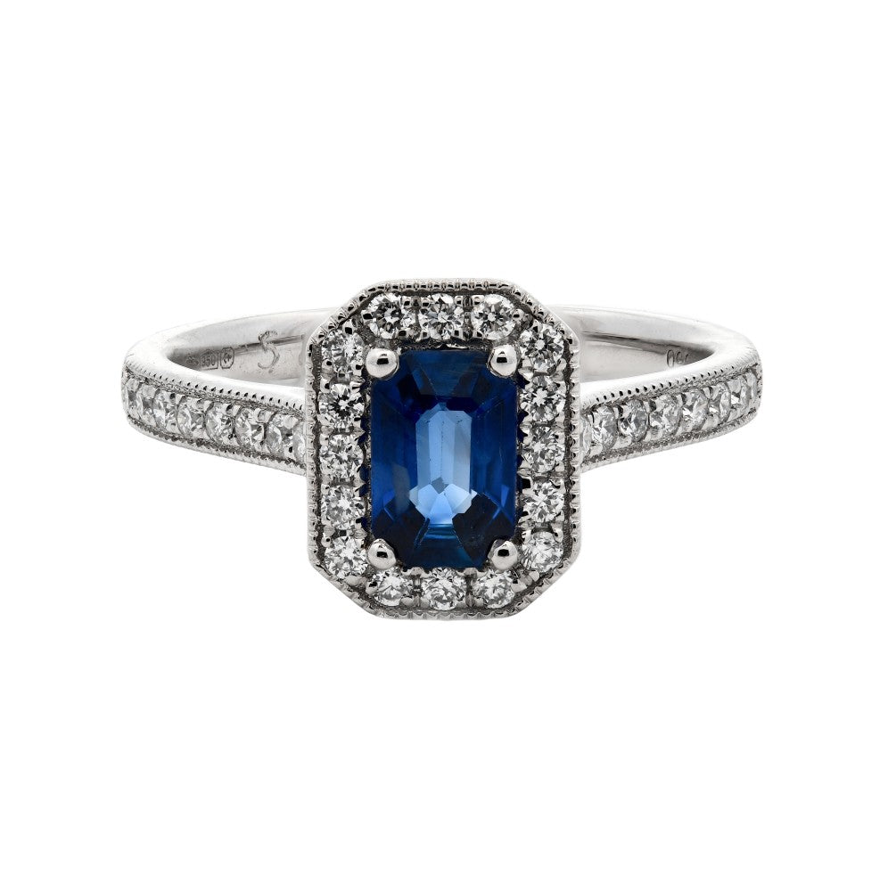0.85ct sapphire & diamond engagement ring set in a platinum halo