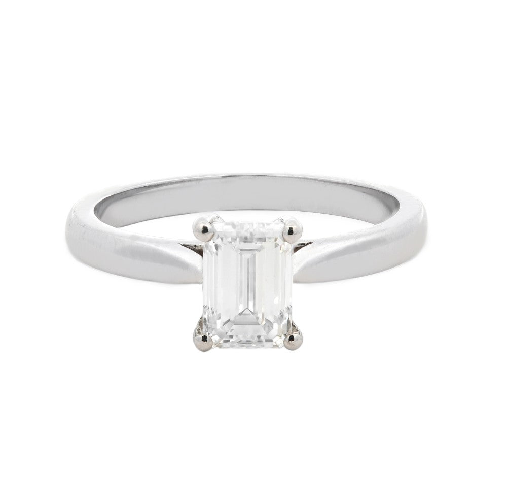 1.00ct emerald cut diamond engagement ring set in platinum, F, VS2, GIA certified