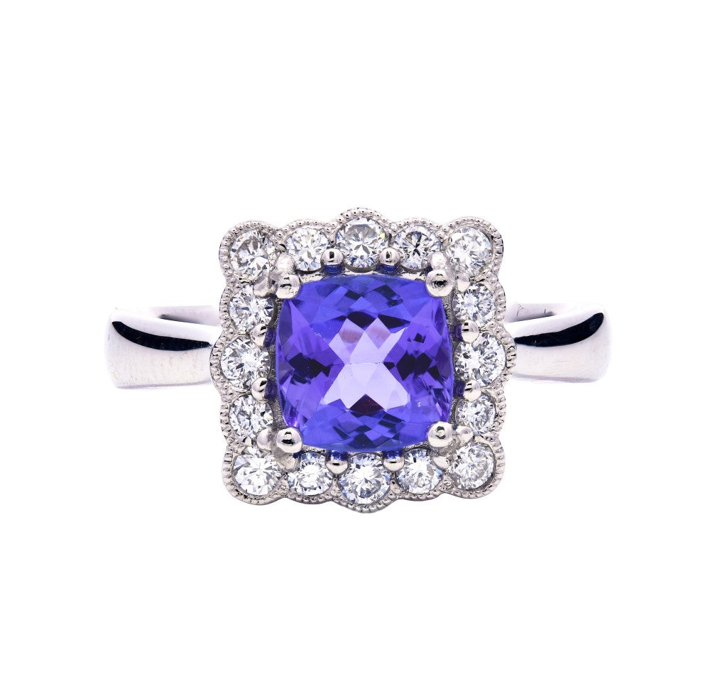 1.42ct tanzanite & diamond ring set in a platinum halo