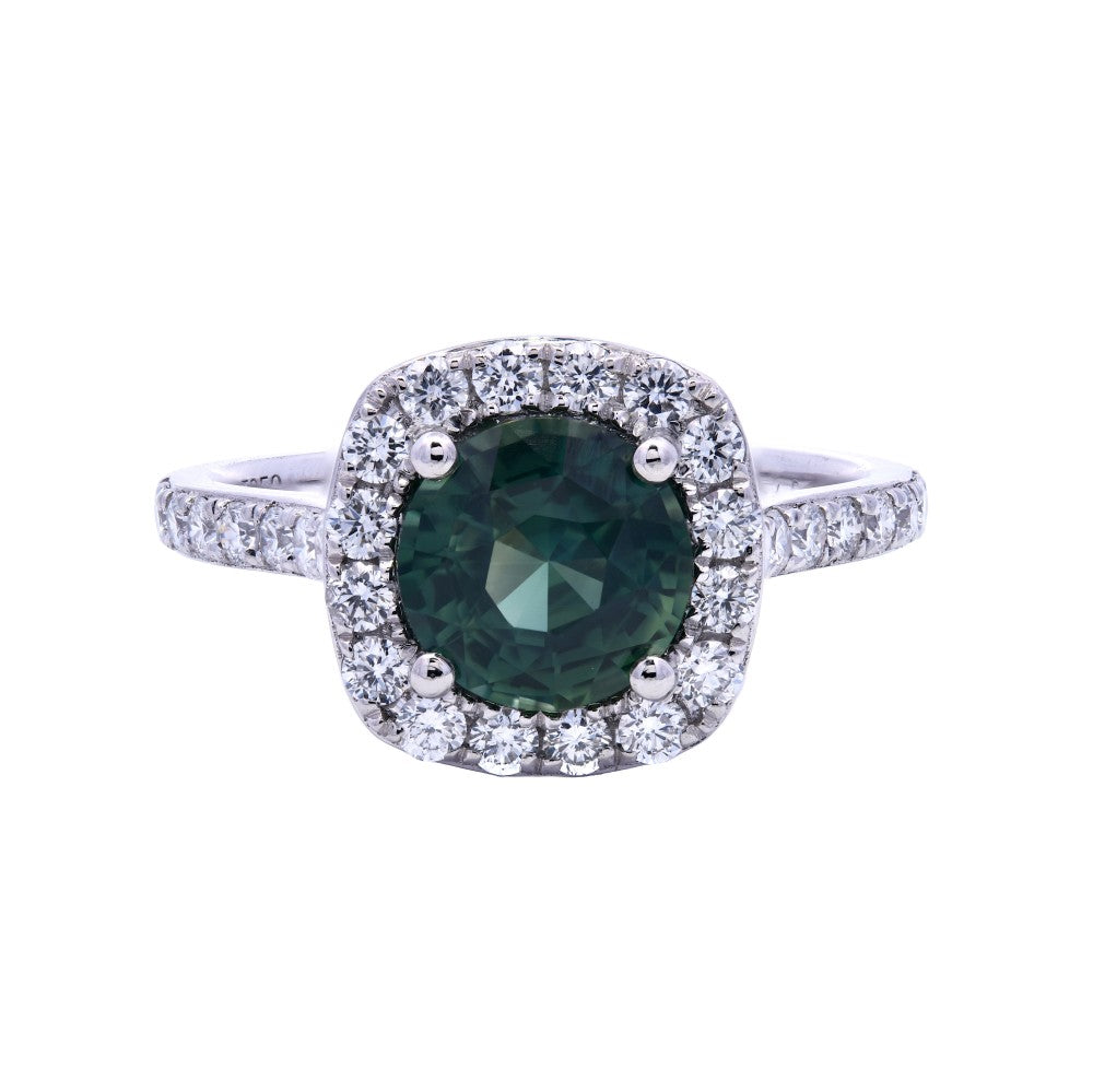 2.08ct teal sapphire & diamond engagement ring set in a platinum halo
